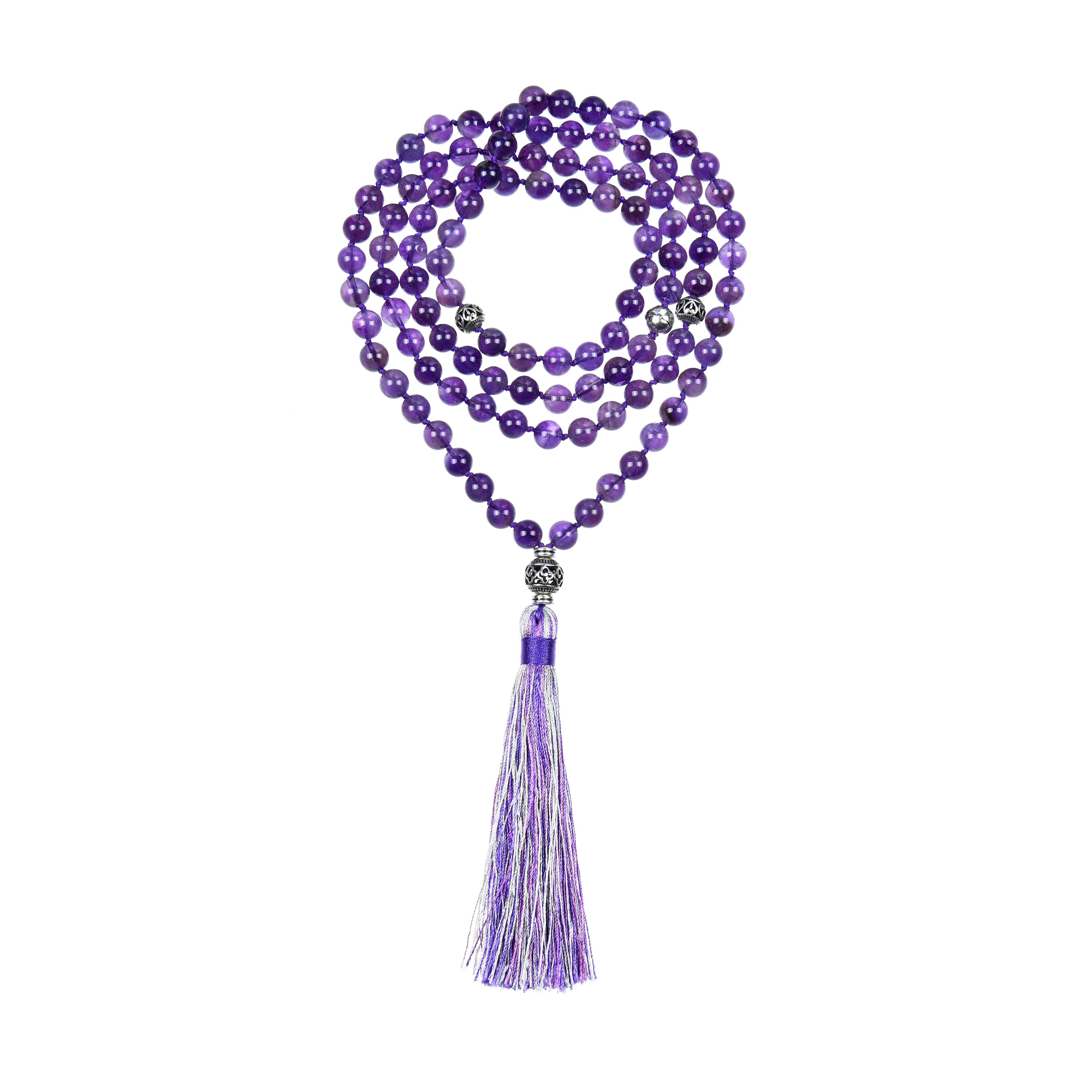 Genuine Amethyst Mala Necklace 108 Handknotted Silk Thread/ Purple / Yoga top Necklace / Silk Tassel / Quartz