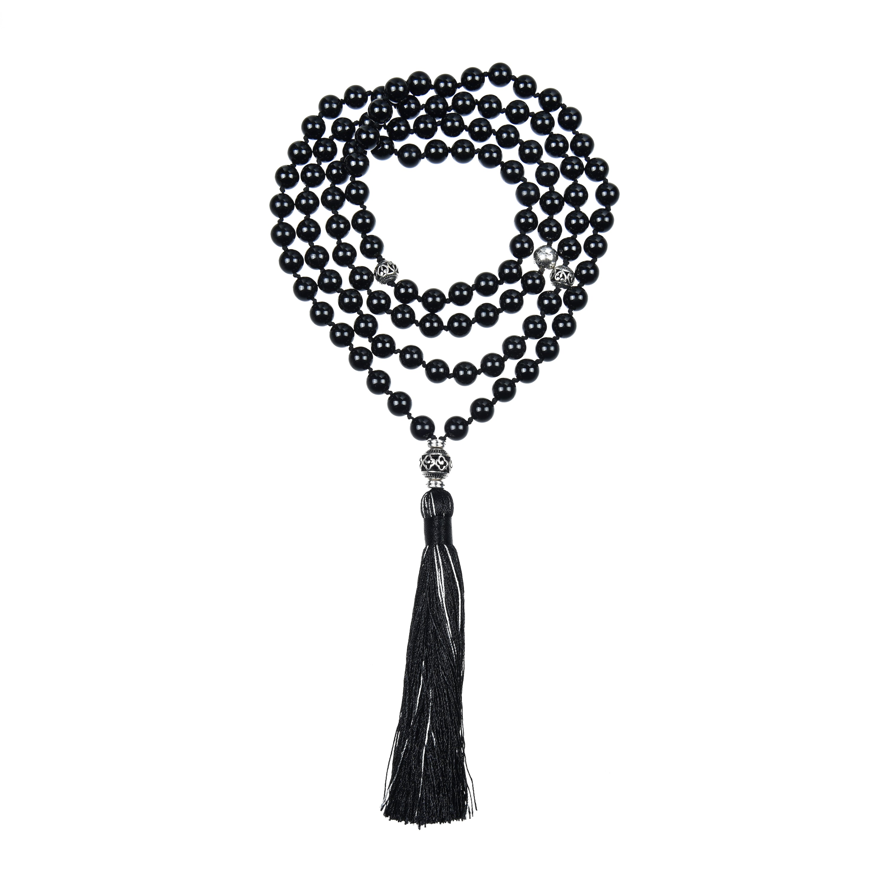 Black and white Mala outlet necklace Black tourmaline, Magnetic Hematite, Howlite, Silver Druzzy 108 stone beads